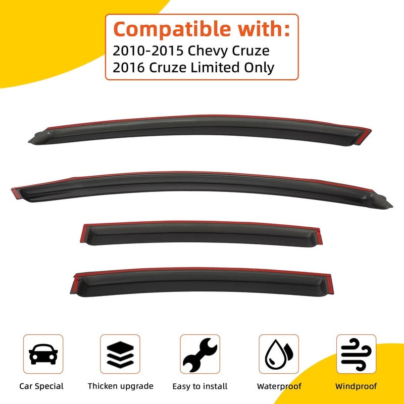 PLDDE Rain Guards Compatible with 2010-2015 Chevy Cruze, for 2016 Chevy Cruze Limited Tape-On Side Window Visor Wind Deflector Vent Visors Car Accessories 4pcs - Image 2